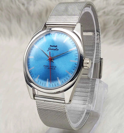HMT Janata 0231 Watch - Elegant Handwinding Timepiece with 17 Jewels and Sky Bluish Dial