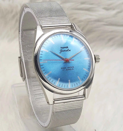 HMT Janata 0231 Watch - Elegant Handwinding Timepiece with 17 Jewels and Sky Bluish Dial