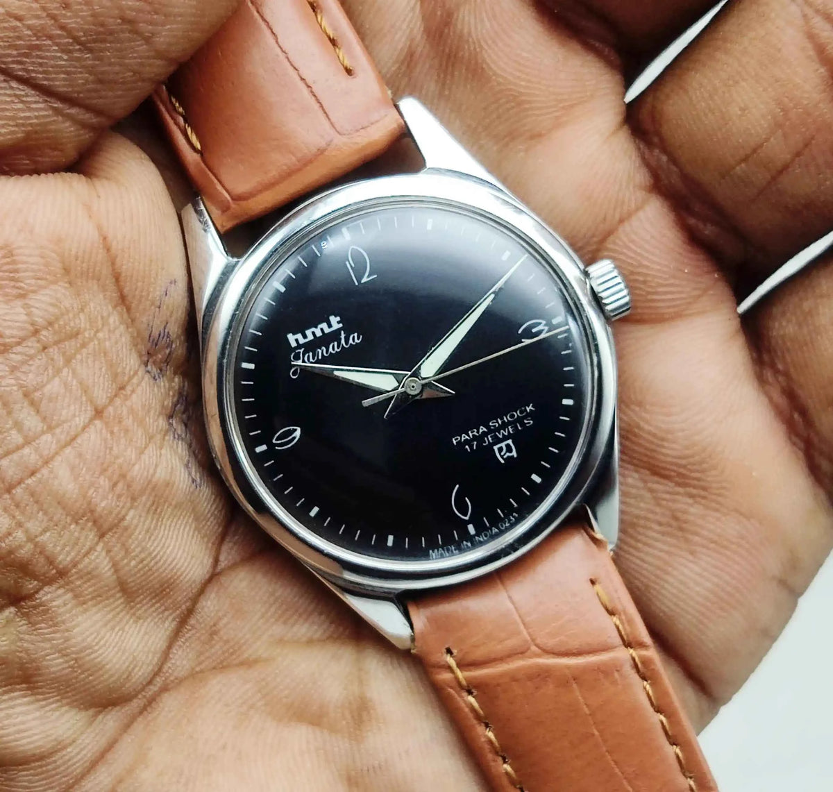 HMT Janata Handwinding Watch - Black Dial with English Indices and 17 Jewels