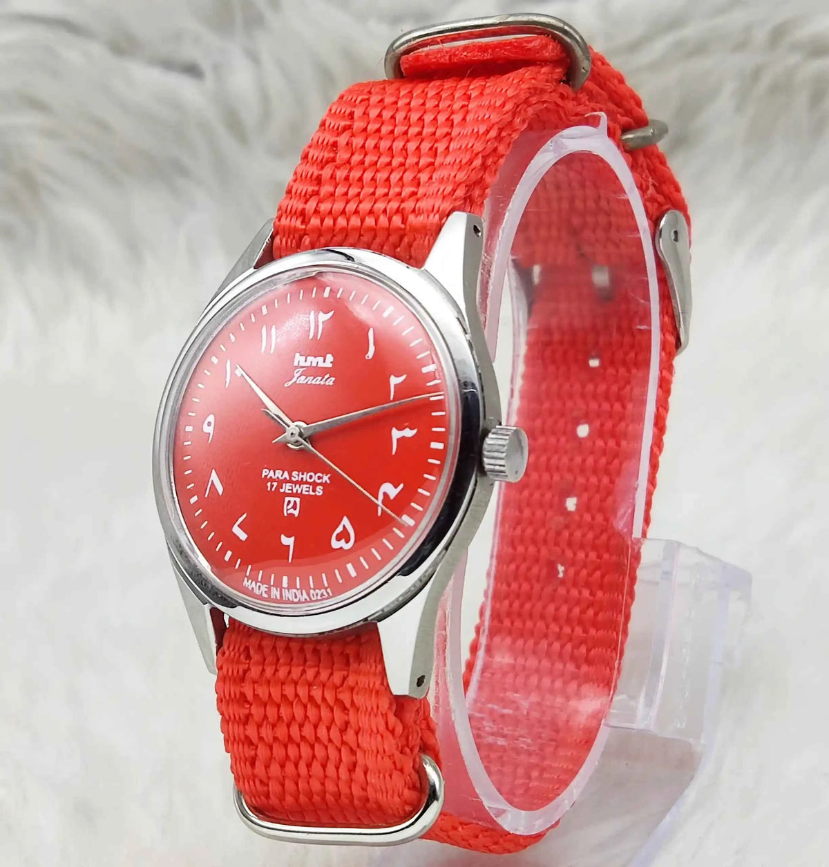 HMT Janata Handwinding Watch with 17 Jewels and Red Dial Arabic Font