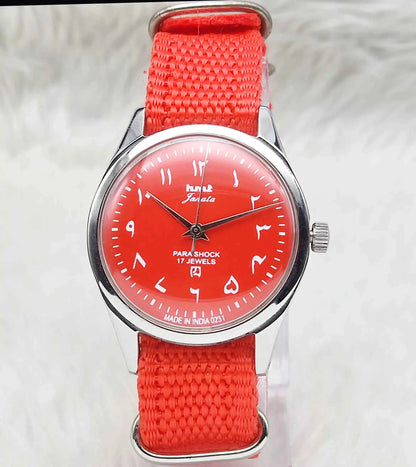 HMT Janata Handwinding Watch with 17 Jewels and Red Dial Arabic Font