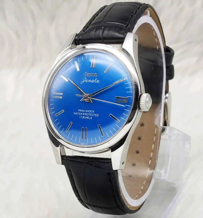 HMT Janata Stick Indices Watch - Men's Handwinding Timepiece with 17 Jewels and Blue Dial
