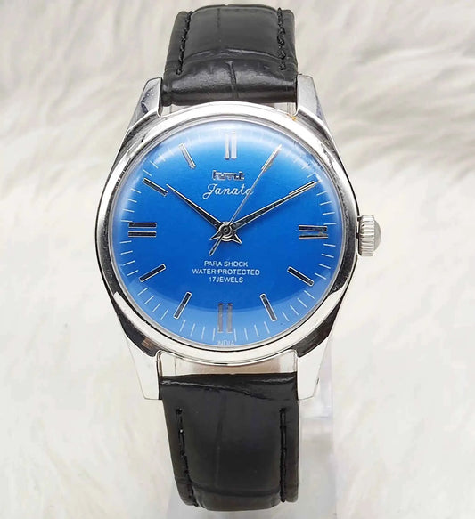HMT Janata Stick Indices Watch - Men's Handwinding Timepiece with 17 Jewels and Blue Dial