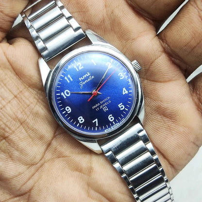 HMT Janata Men's Watch with Blue Dial, English Numerals, 17 Jewels