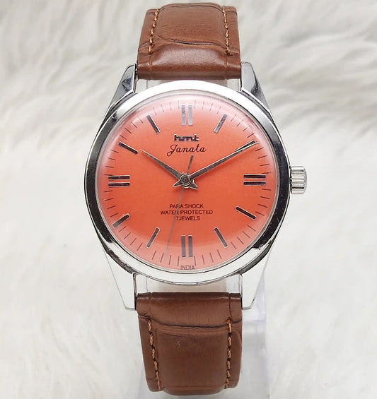 HMT Janata Stick Watch - Timeless Handwinding Luxury with Reddish Dial & 17 Jewels