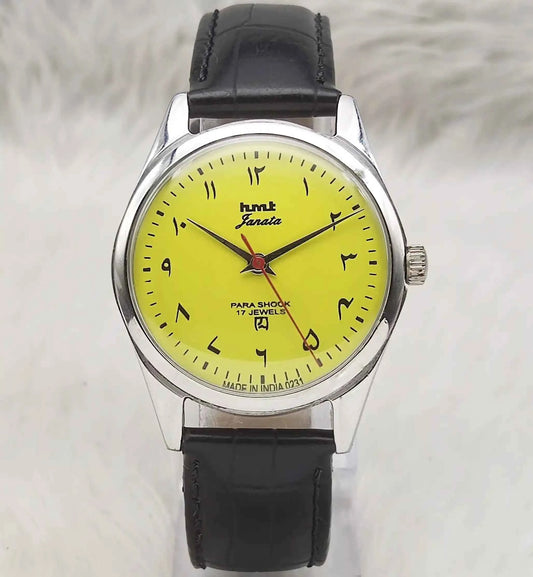 HMT Janata Yellow Dial Watch with 17 Jewels and Handwinding Mechanism
