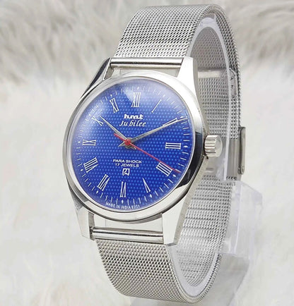 HMT Jubilee Handwinding Watch with Blue Dial and Transparent Back - 17 Jewels