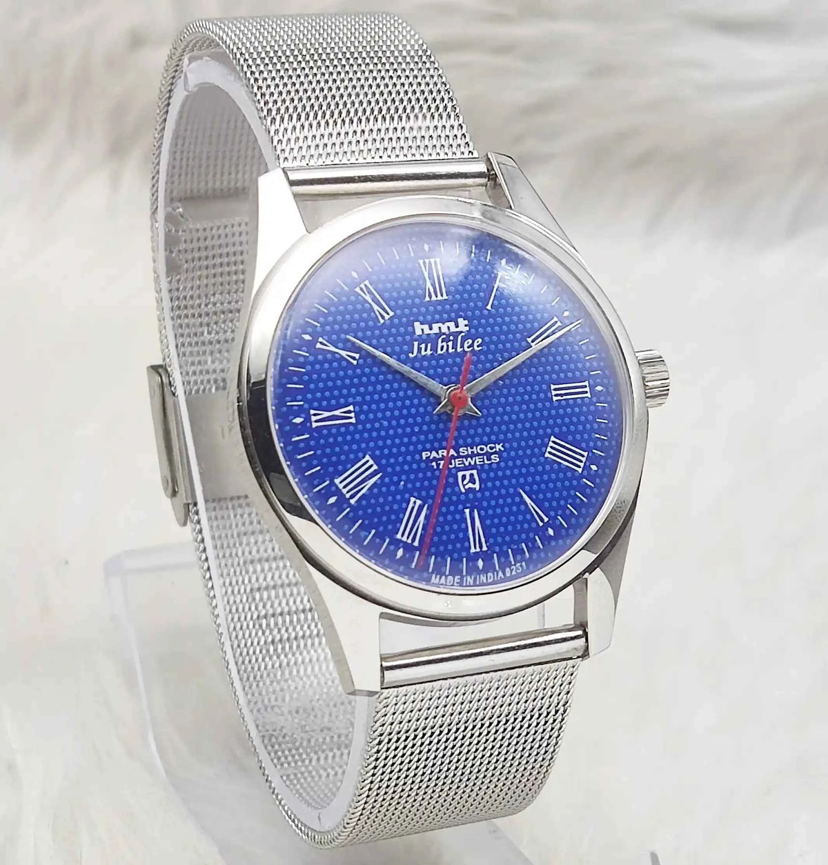 HMT Jubilee Handwinding Watch with Blue Dial and Transparent Back - 17 Jewels