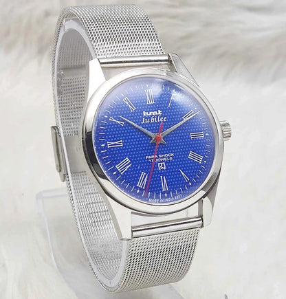 HMT Jubilee Handwinding Watch with Blue Dial and Transparent Back - 17 Jewels