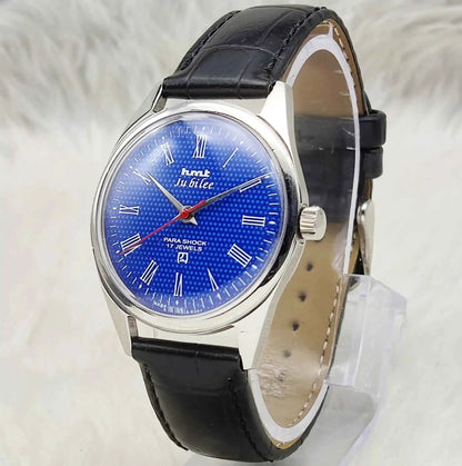 HMT Jubilee Handwinding Watch with 17 Jewels, Blue Dial, and Roman Numerals