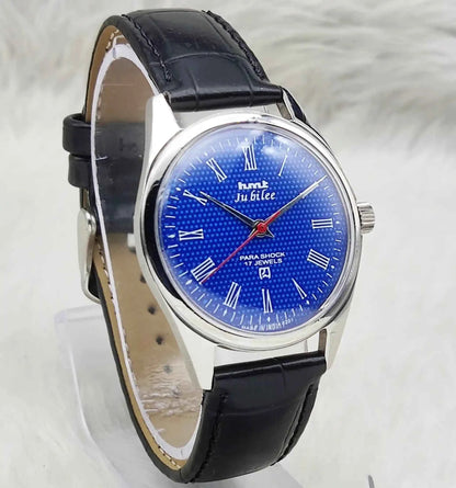 HMT Jubilee Handwinding Watch with 17 Jewels, Blue Dial, and Roman Numerals