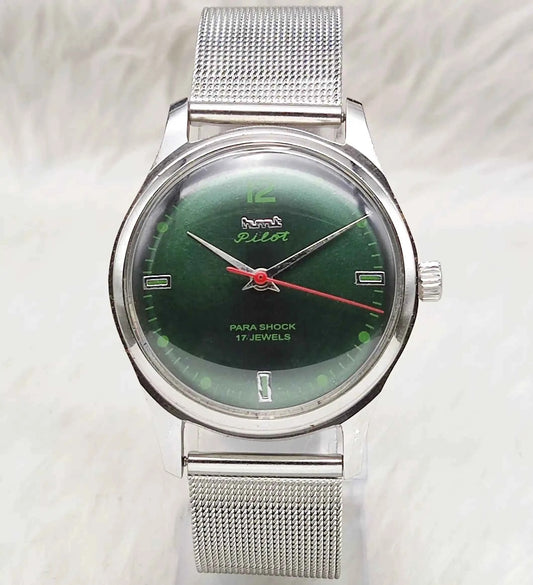 HMT Pilot Handwinding Men's Watch - 17 Jewels Apple Green Dial