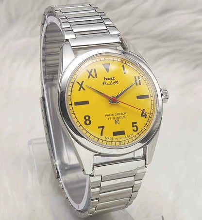 HMT Pilot Watch 17 Jewels Sun Yellow Dial - Handwinding Men's Timepiece with Numerals Indices