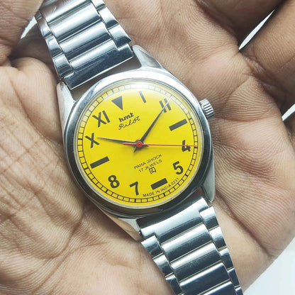 HMT Pilot Watch 17 Jewels Sun Yellow Dial - Handwinding Men's Timepiece with Numerals Indices