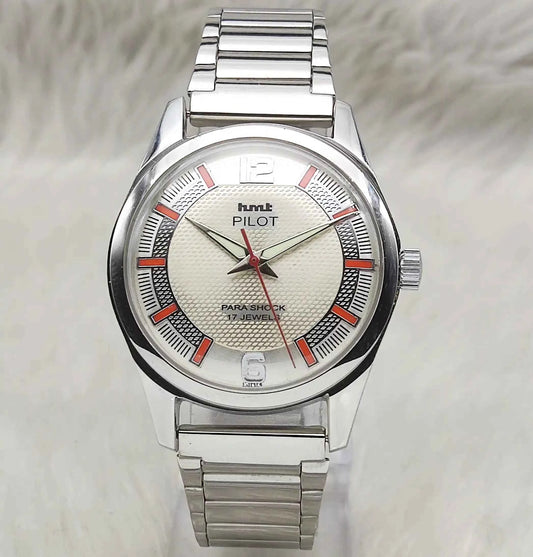 HMT Pilot White Textured Dial 17 Jewels Hand-Winding Watch for Men