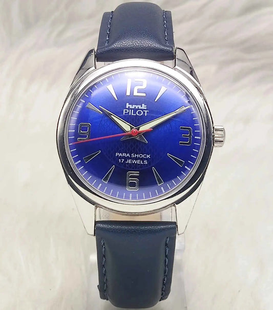 HMT Pilot Men's Watch - 17 Jewels Blue Dial, Handwinding with Stick Numerals Indices