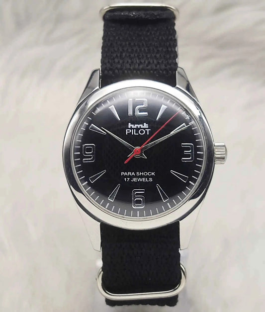 HMT Pilot Men's Watch 17 Jewels Black Dial - Handwinding with English Numerals