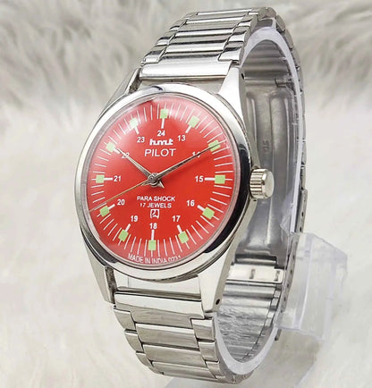 HMT Pilot Red Dial Watch - 17 Jewels Handwinding with Stick Indices