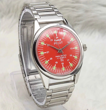 HMT Pilot Red Dial Watch - 17 Jewels Handwinding with Stick Indices