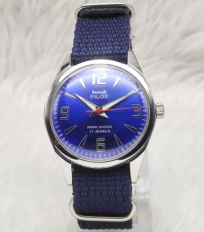 Elevate Your Style with the HMT Pilot Stick Men's Watch - Blue Dial Classic Timepiece