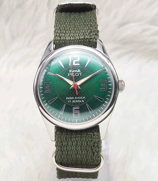 HMT Pilot Stick Watch - English Green Apple Dial, 17 Jewels, Handwinding