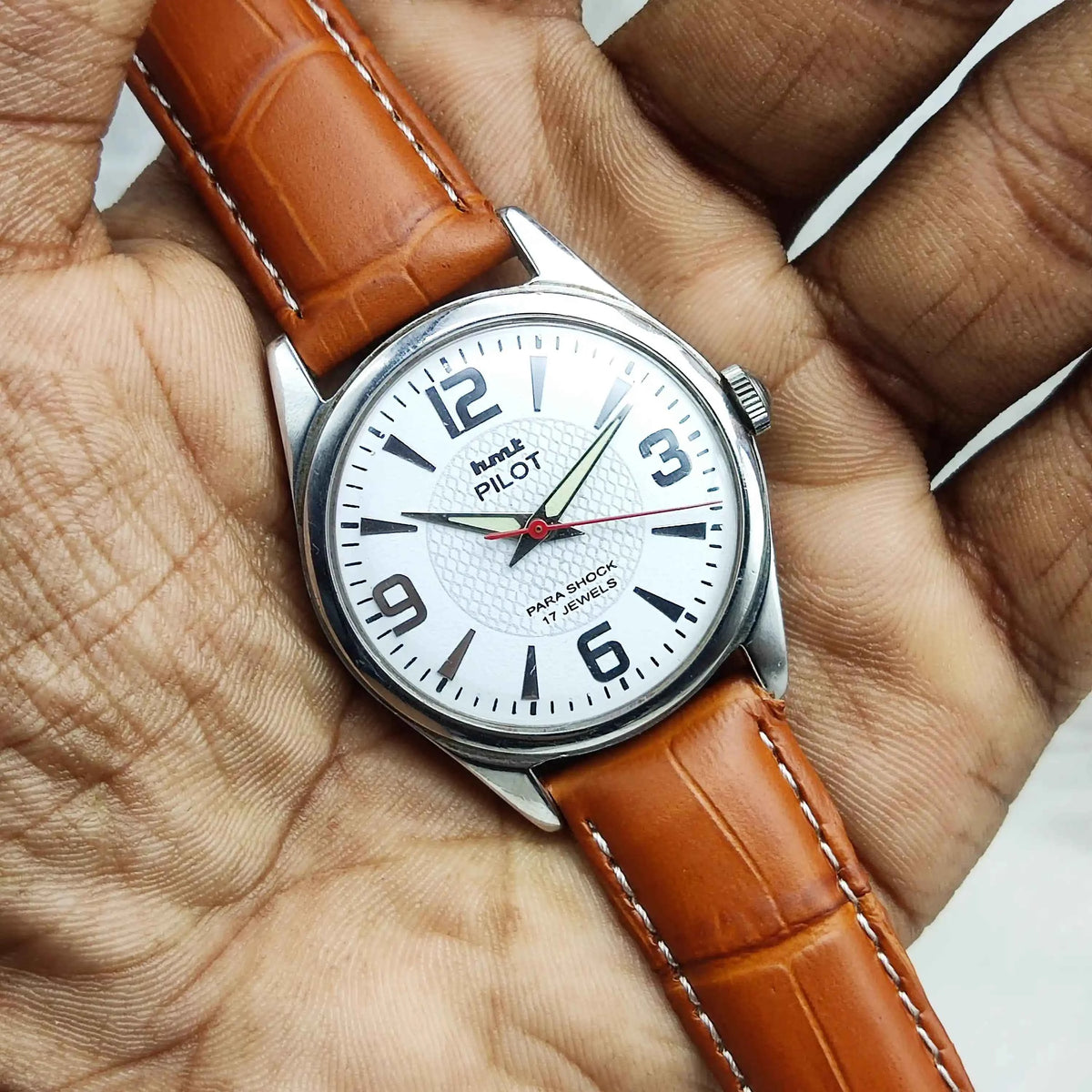 HMT Pilot White Stick Dial Watch - 17 Jewels Handwinding Men's Timepiece with English Numerals