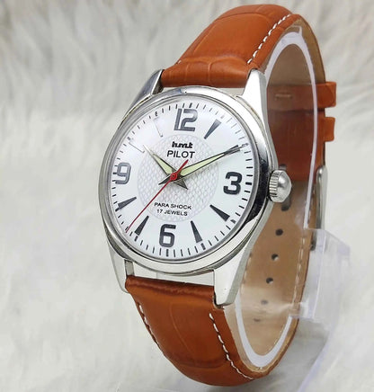 HMT Pilot White Stick Dial Watch - 17 Jewels Handwinding Men's Timepiece with English Numerals