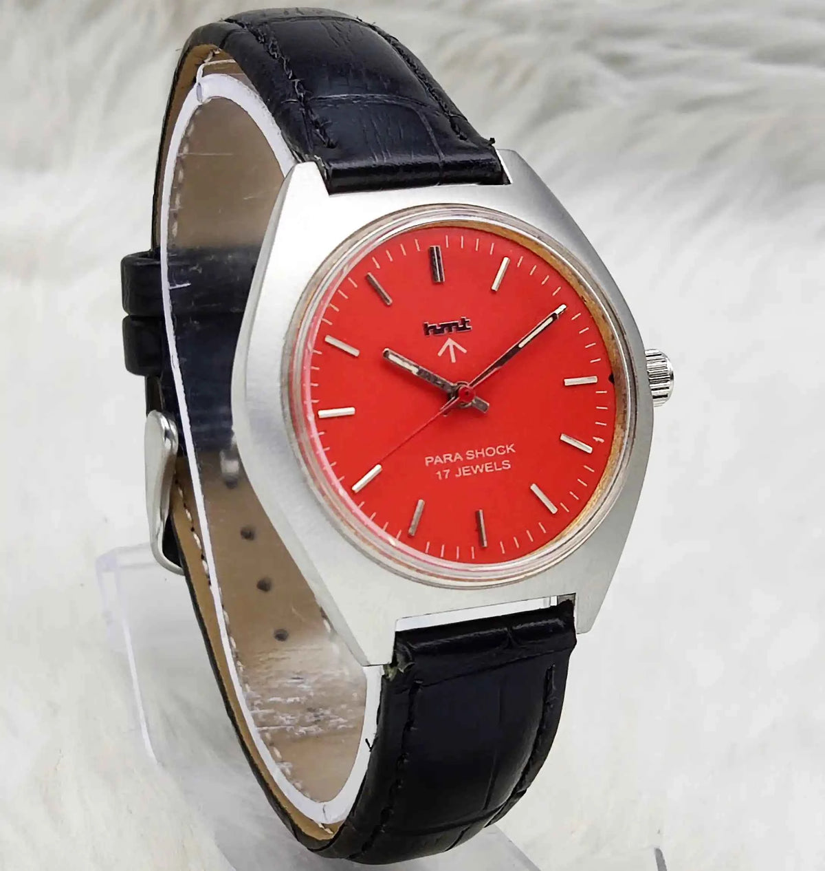 HMT Red Dial Handwinding Watch with 17 Jewels Para Shock Mechanism