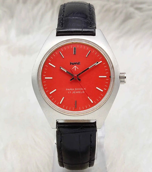 HMT Red Dial Handwinding Watch with 17 Jewels Para Shock Mechanism